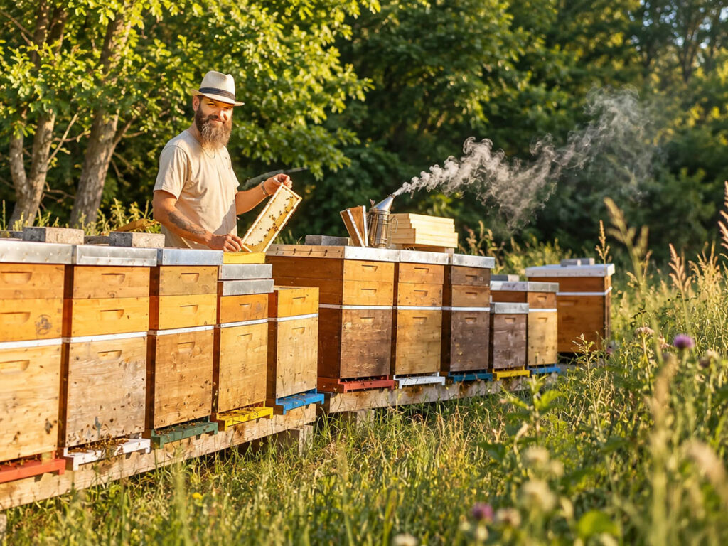 Imker mit Honigwabe und rauchendem Smoker bei Bienenstöcken